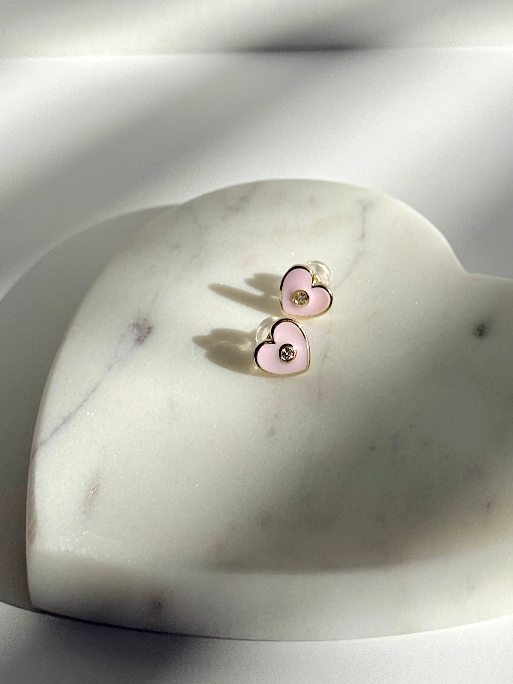 Enamel Heart Natural Diamond Stud Earrings: 14k Gold