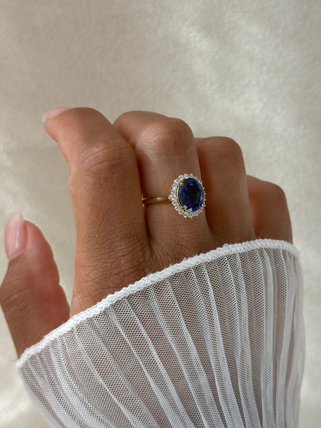 The Duchess: Lady Diana Inspired Lab Sapphire and Lab Diamond Halo Ring