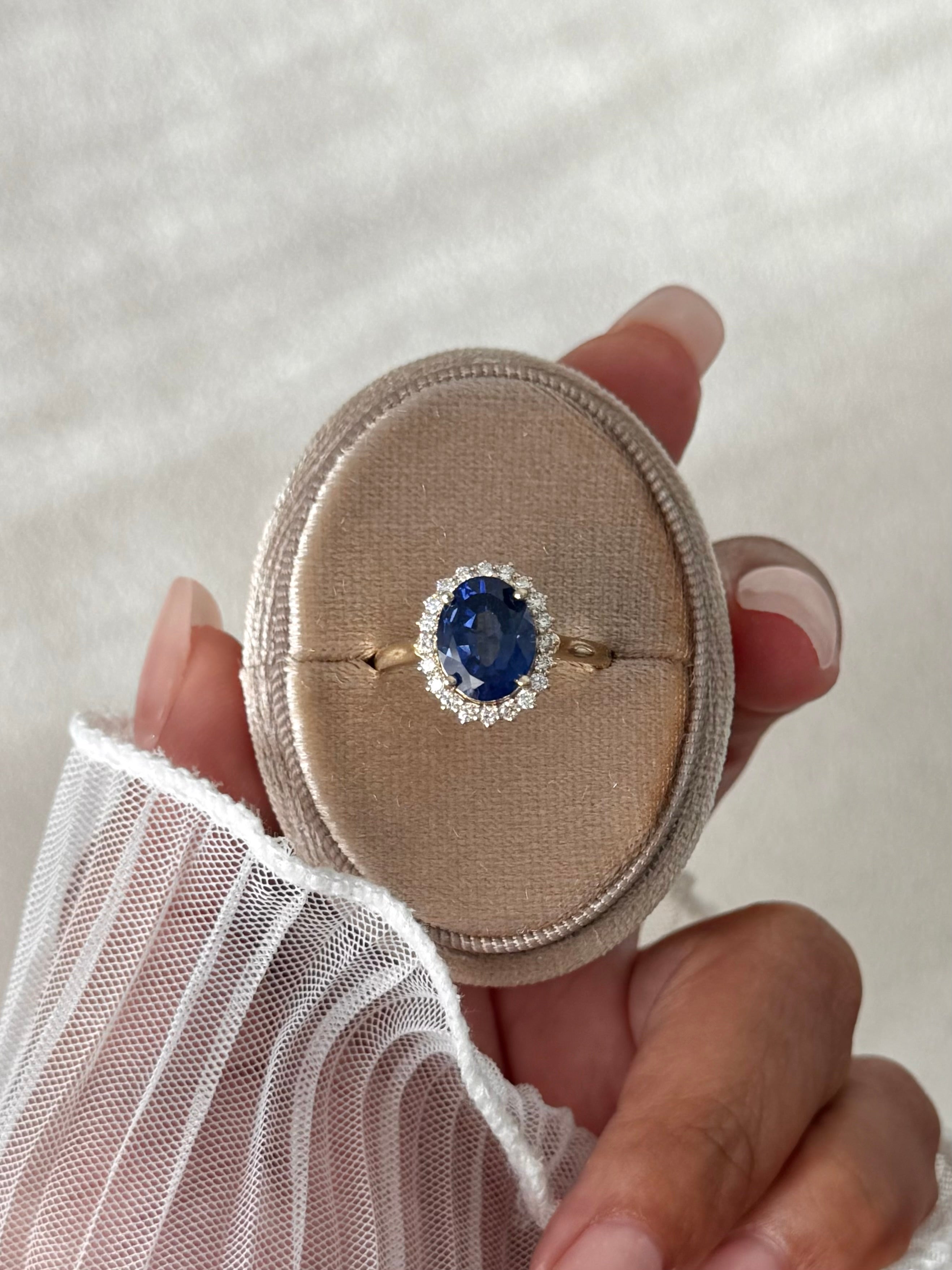 The Duchess: Lady Diana Inspired Lab Sapphire and Lab Diamond Halo Ring