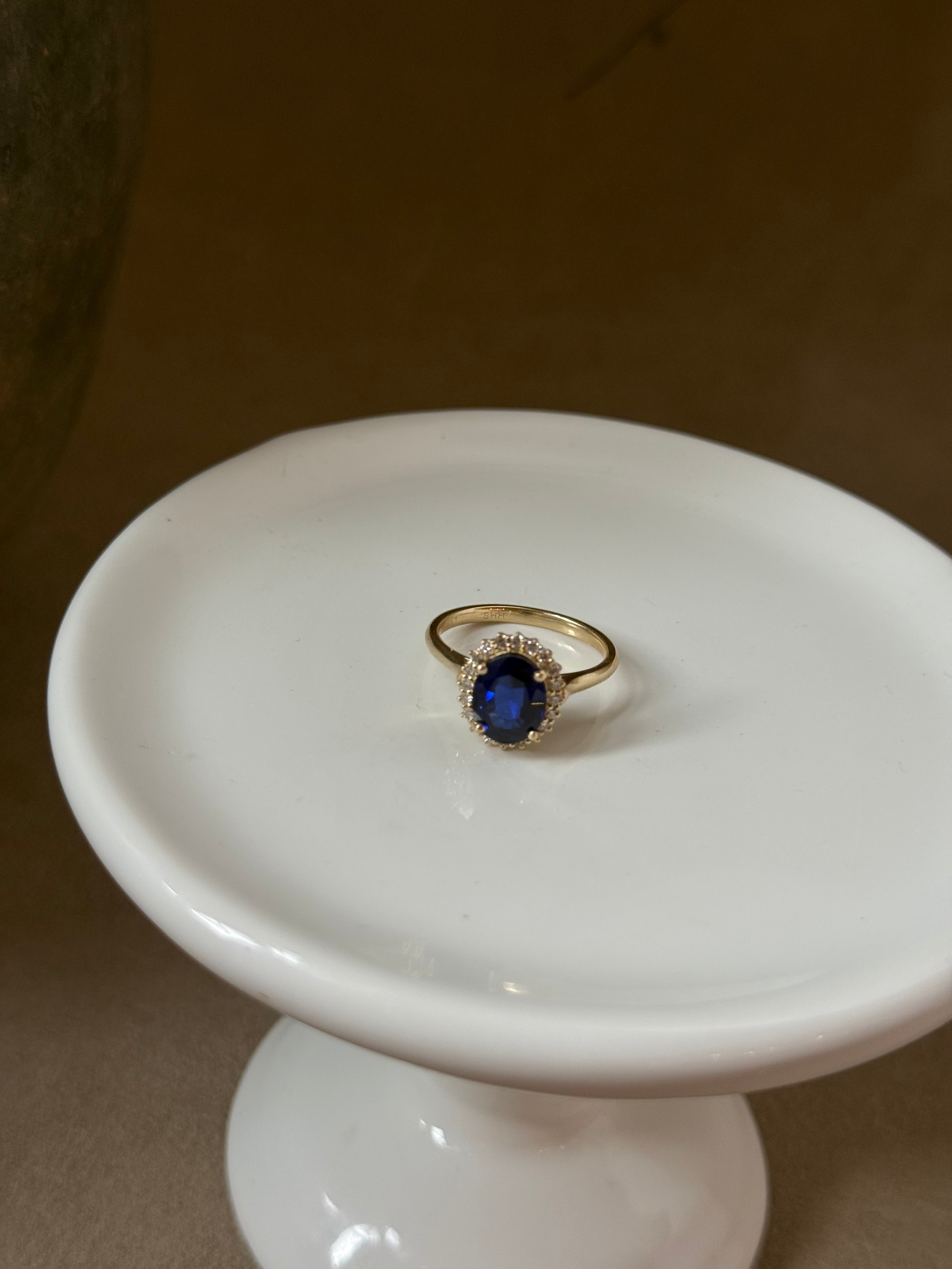 Lady Diana Inspired Lab Sapphire and Lab Diamond Halo Ring