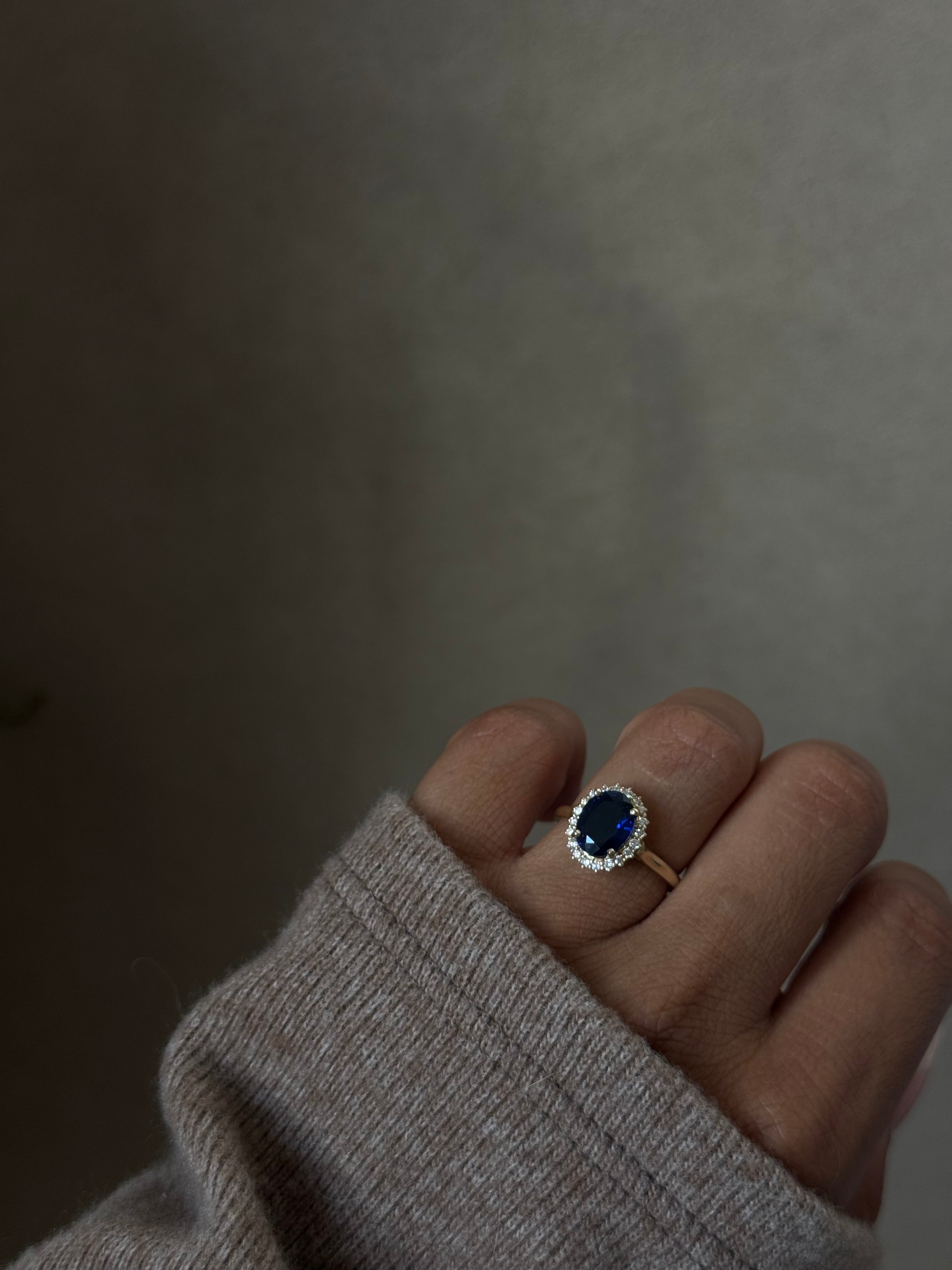 Lady Diana Inspired Lab Sapphire and Lab Diamond Halo Ring
