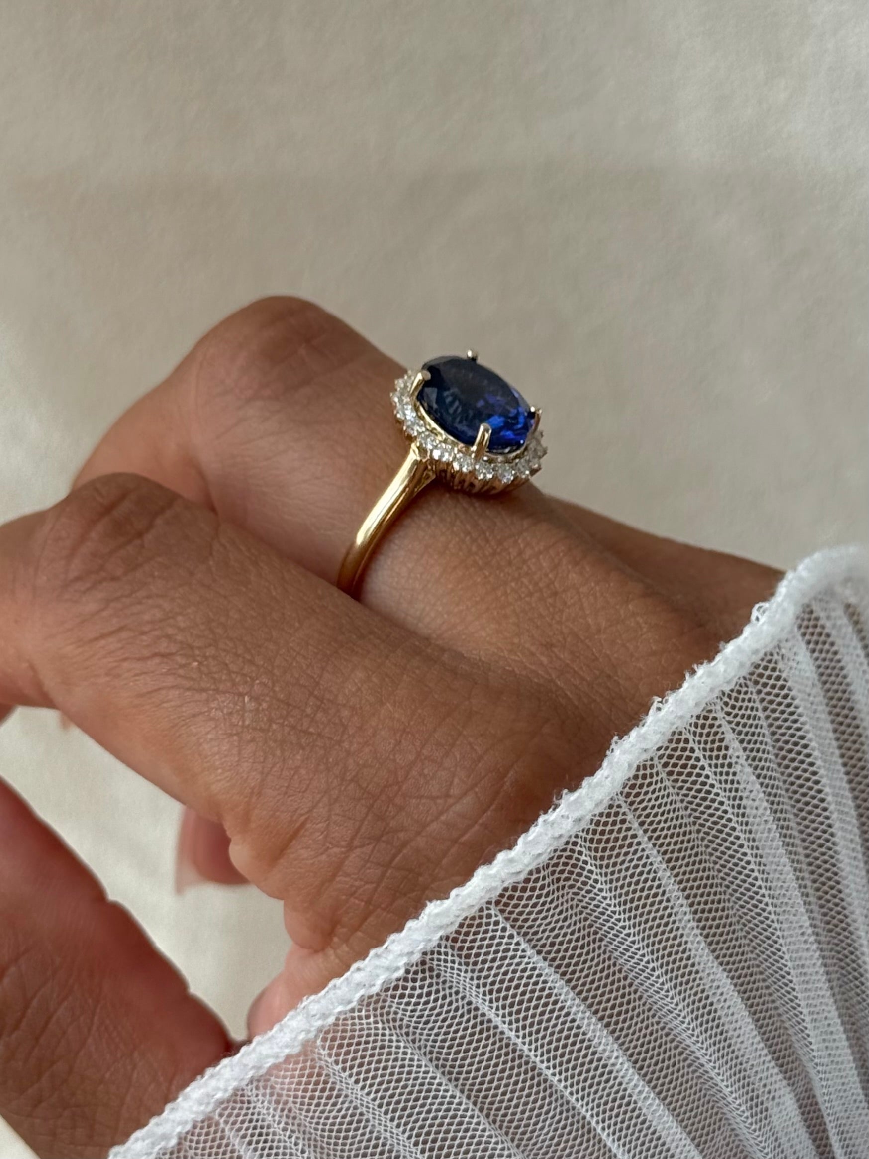 The Duchess: Lady Diana Inspired Lab Sapphire and Lab Diamond Halo Ring