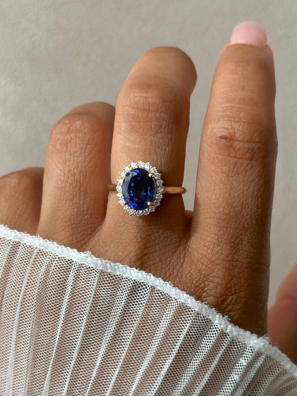 The Duchess: Lady Diana Inspired Lab Sapphire and Lab Diamond Halo Ring