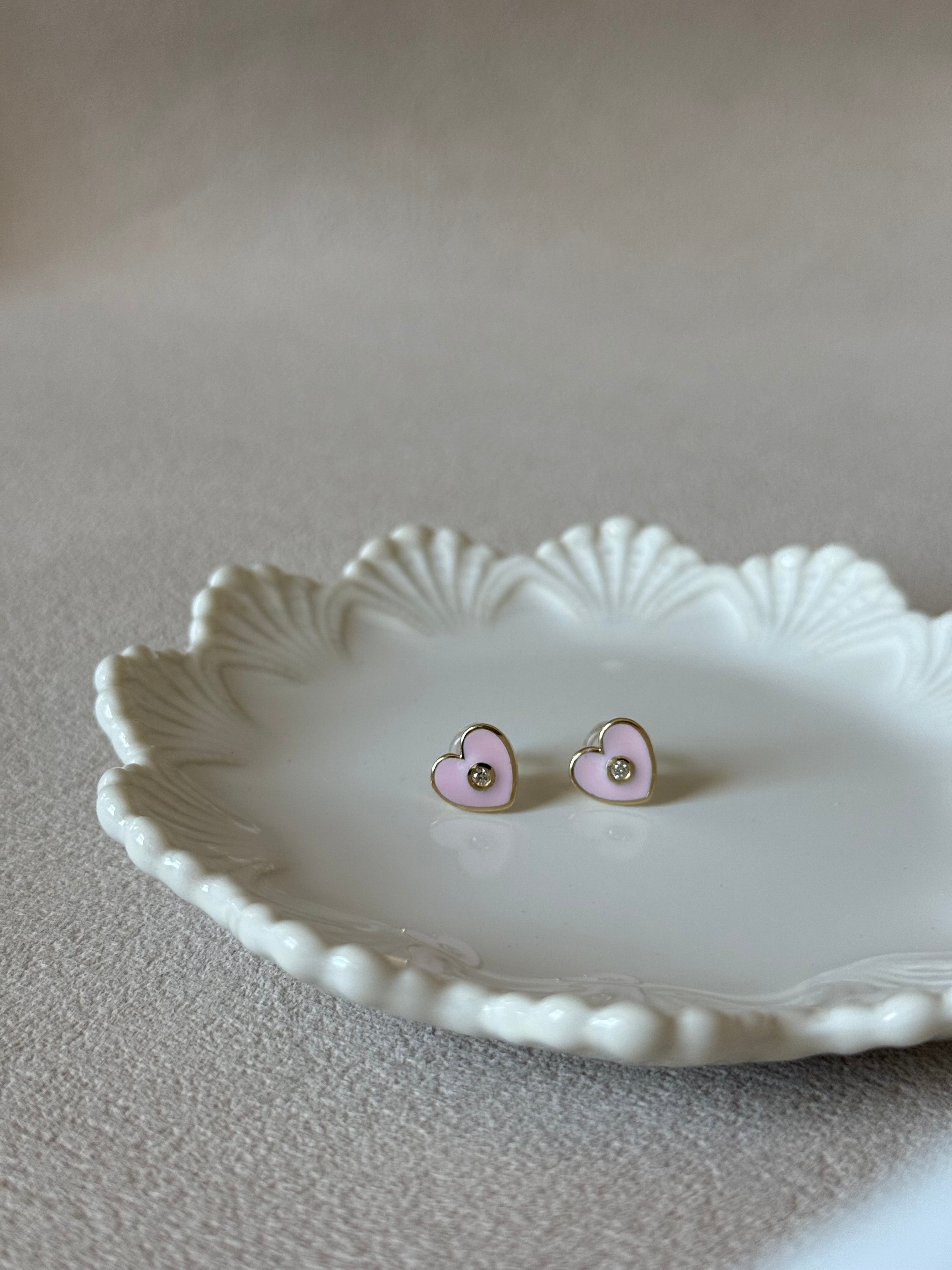 Enamel Heart Natural Diamond Stud Earrings: 14k Gold