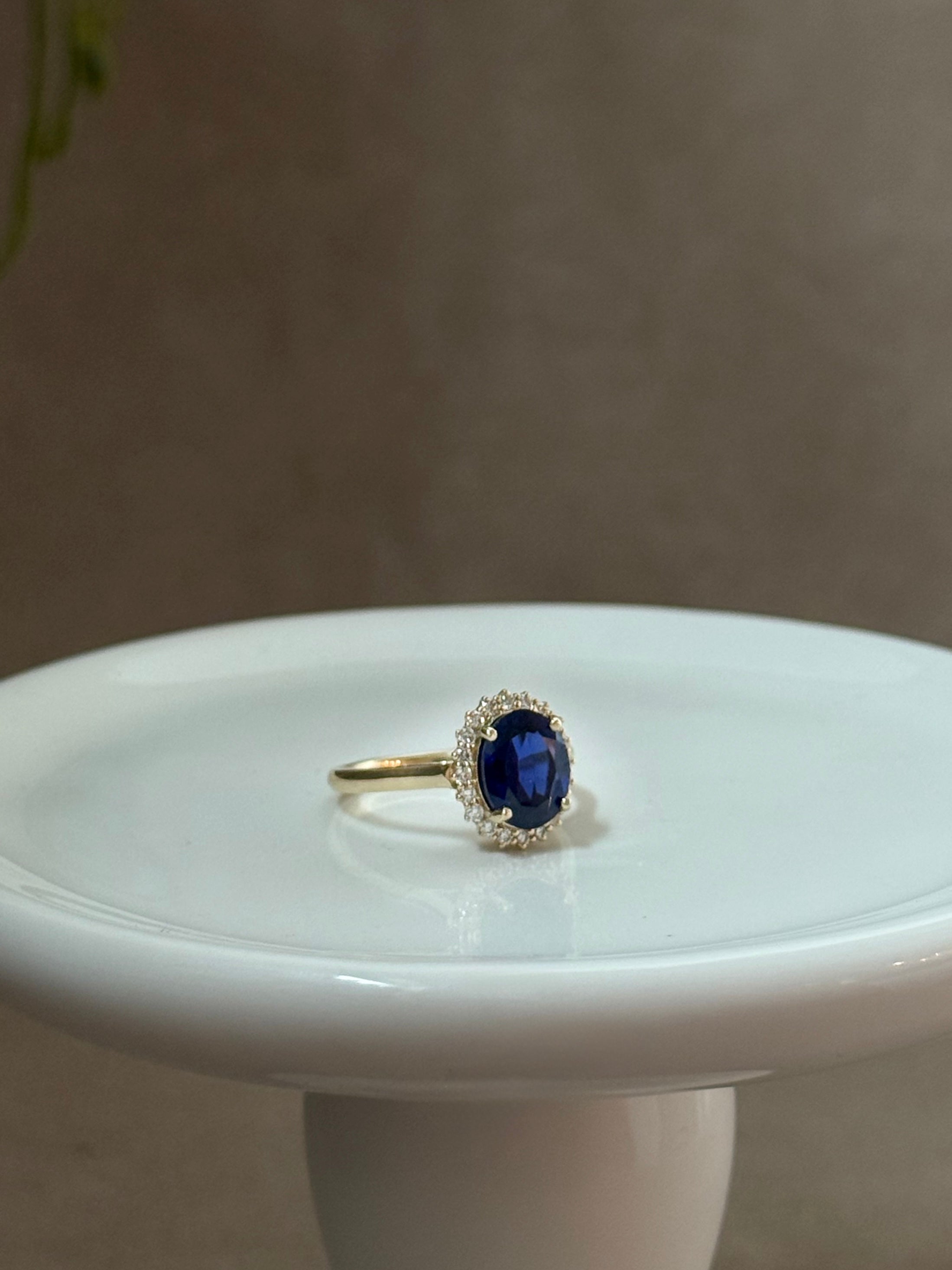 Lady Diana Inspired Lab Sapphire and Lab Diamond Halo Ring