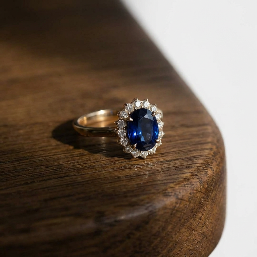 The Duchess: Lady Diana Inspired Lab Sapphire and Lab Diamond Halo Ring