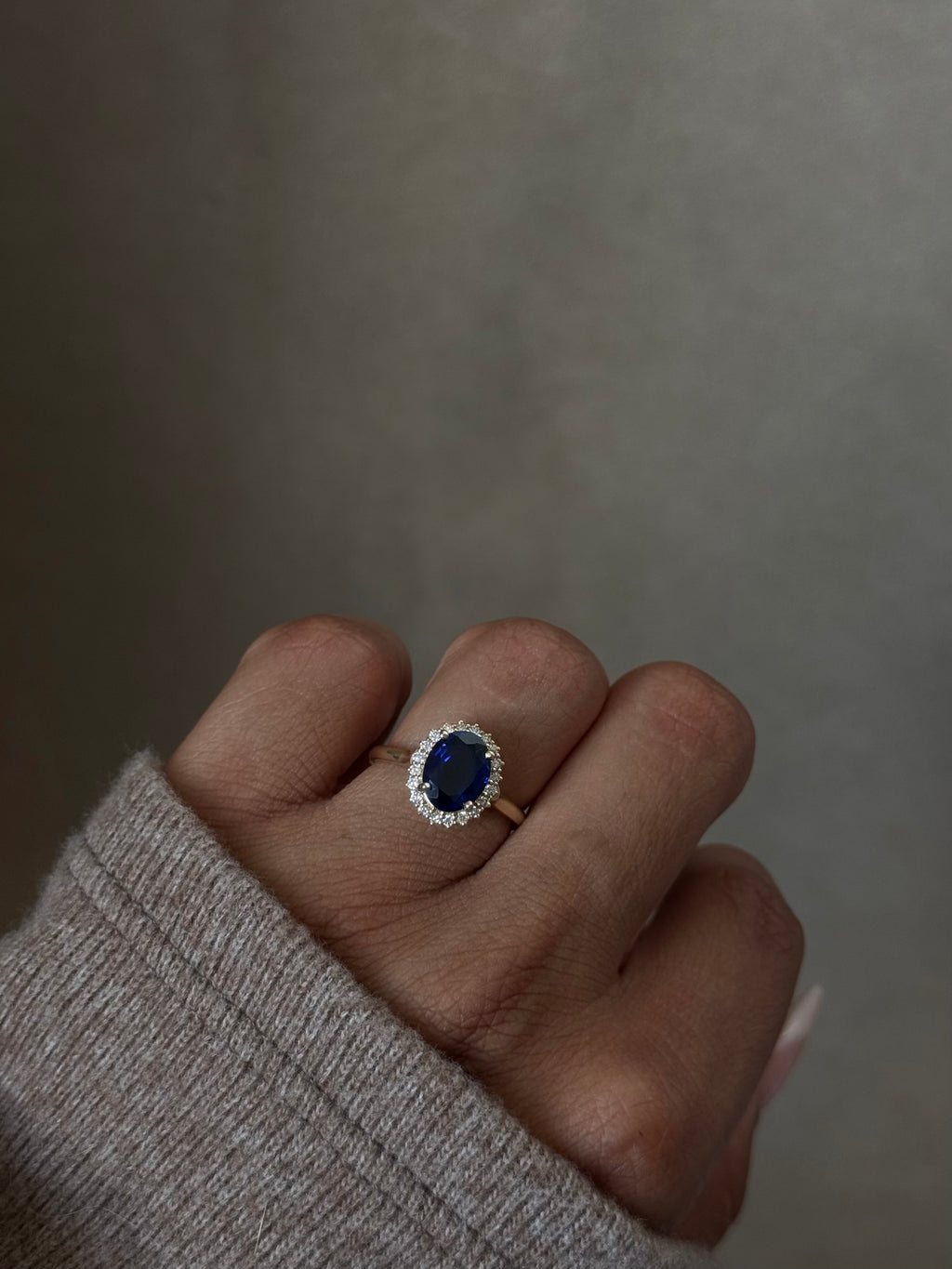 Lady Diana Inspired Lab Sapphire and Lab Diamond Halo Ring