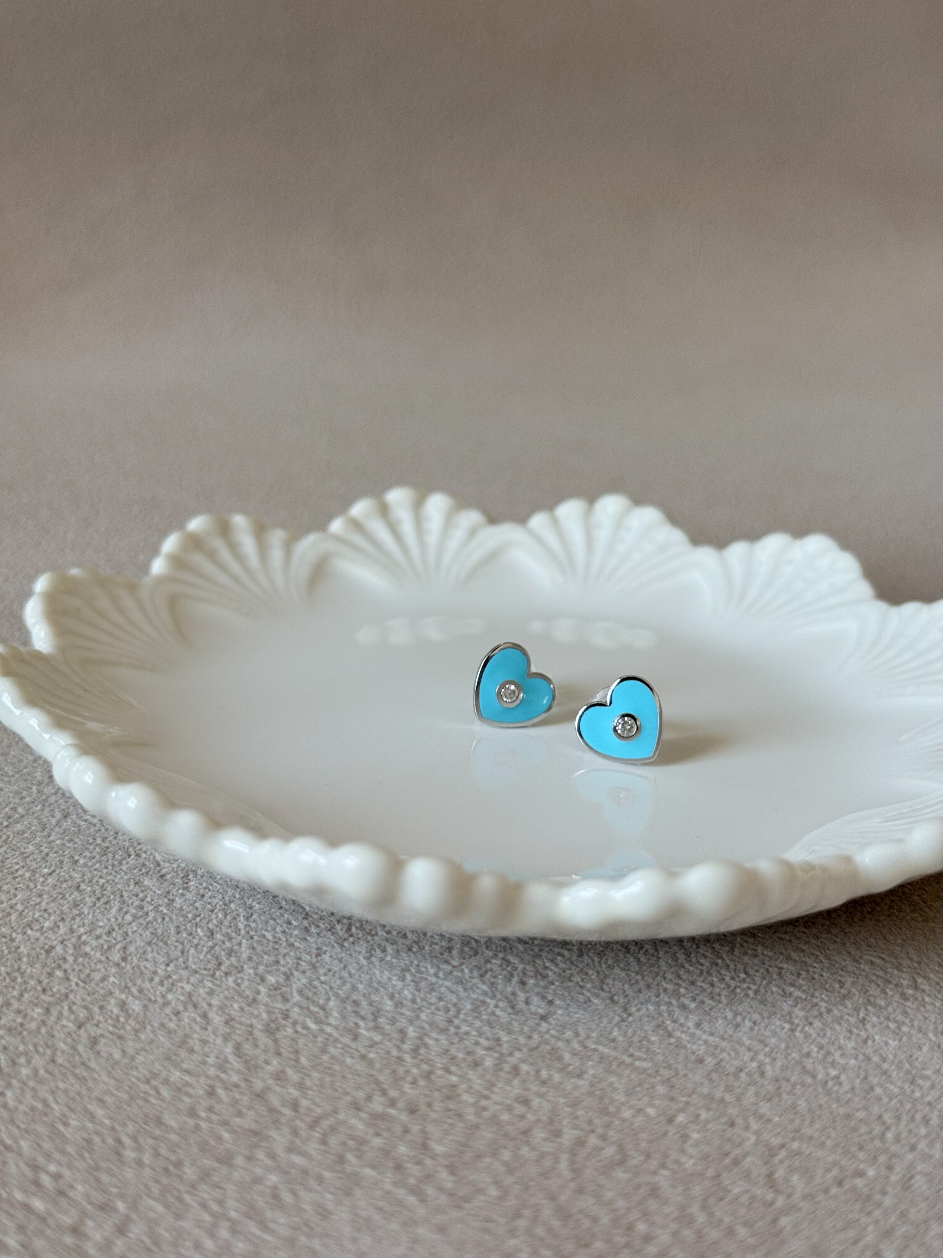 Enamel Heart Natural Diamond Stud Earrings: 14k Gold