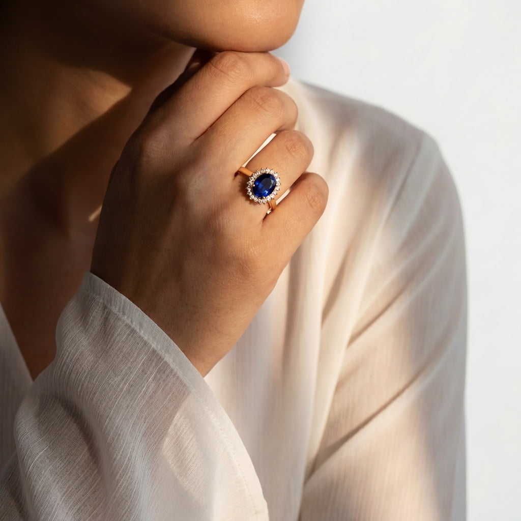 The Duchess: Lady Diana Inspired Lab Sapphire and Lab Diamond Halo Ring