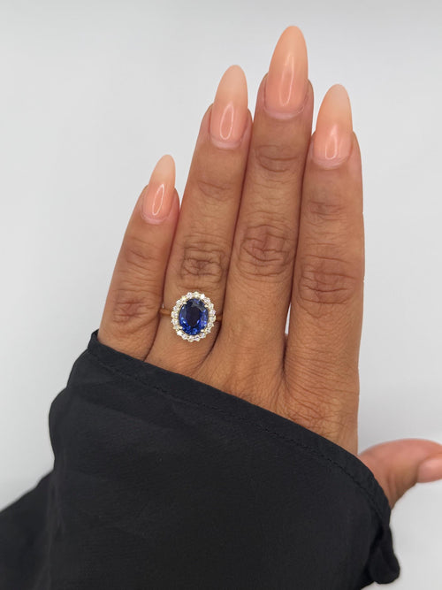 Lady Diana Inspired Lab Sapphire and Lab Diamond Halo Ring